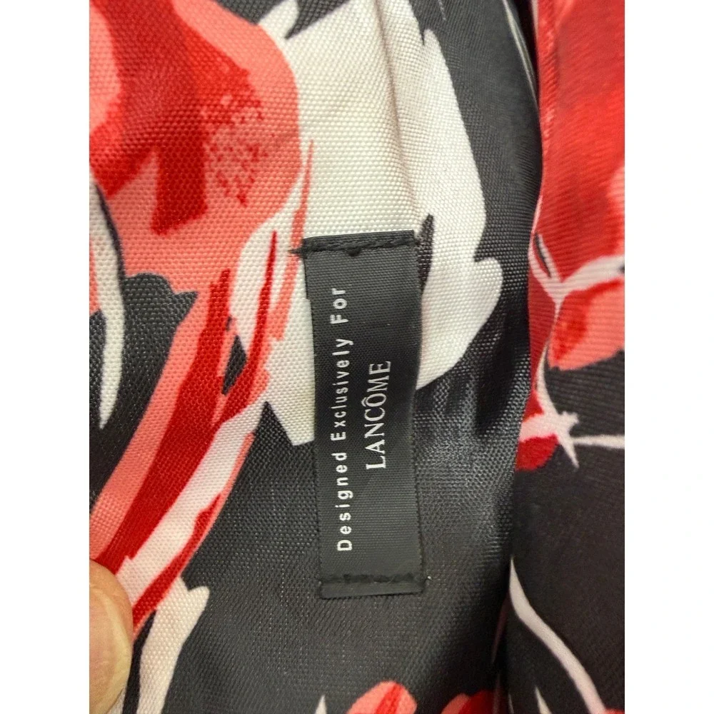 Lancome Red Canvas Tote Bag Floral Rose Lining Faux Leather Pocket Large Travel